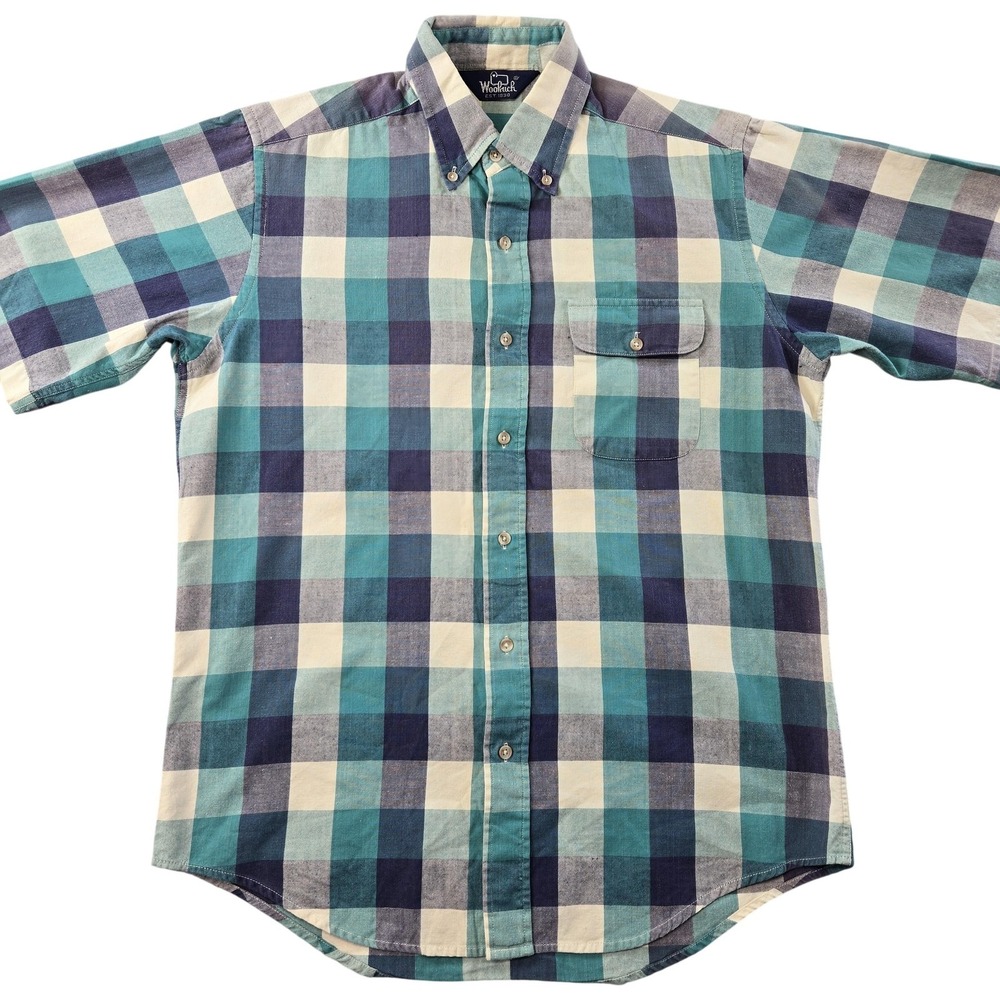 Woolrich Shirt Mens L Blue Plaid Short Sleeve Button Up Casual Pockets